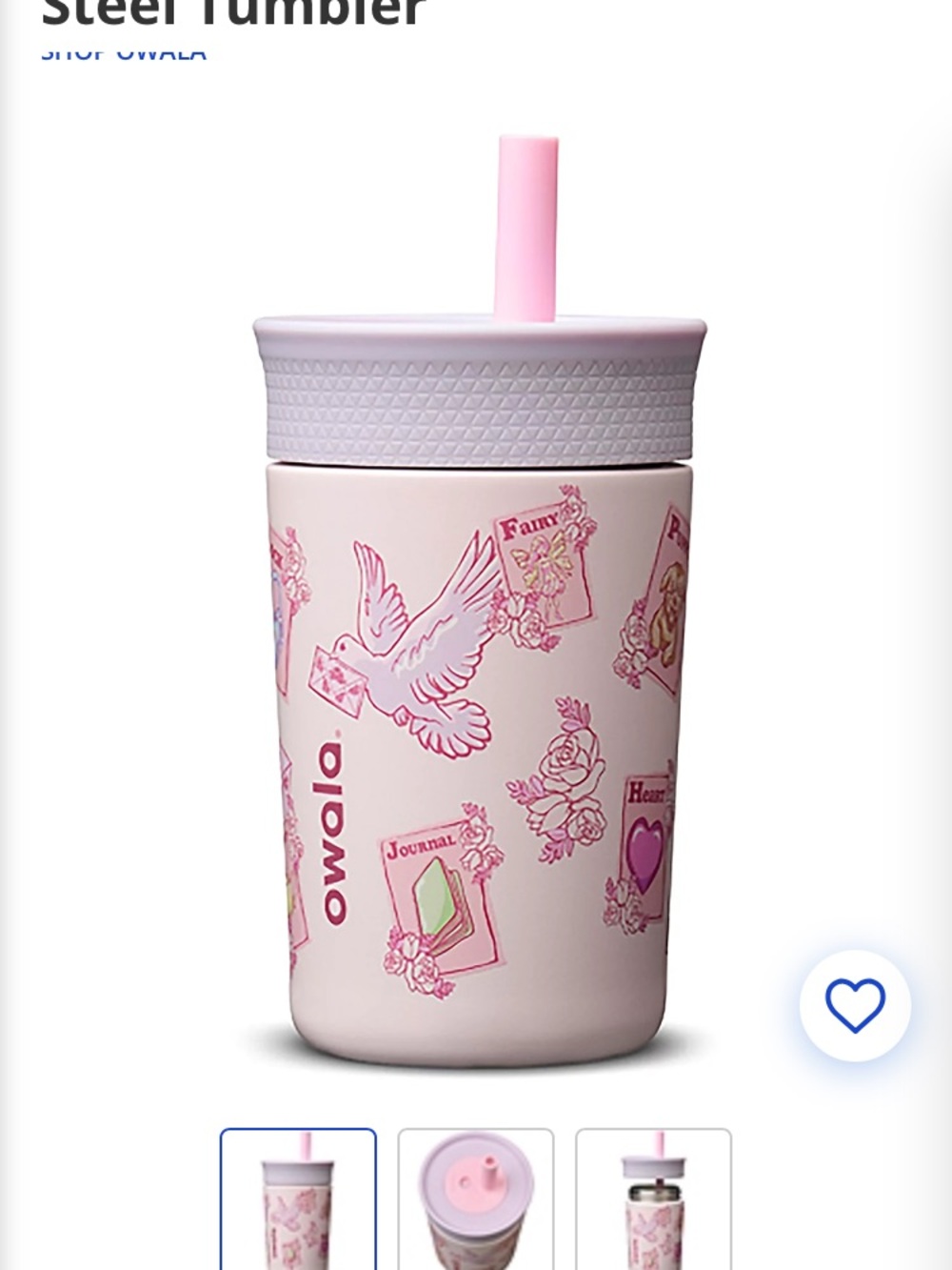 Owala Kids Penpal Steel Tumbler with Straw - Cute Dove & Floral Design